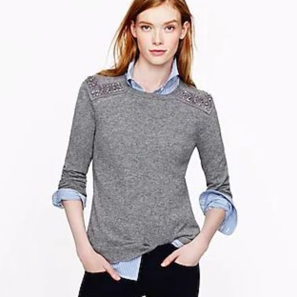 J. Crew Cashmere Blend Jeweled Shoulder Sweater - Picture 2 of 8